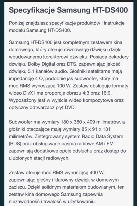 Samsung HT-DS400 kino domowe bez glosnikow i pilota