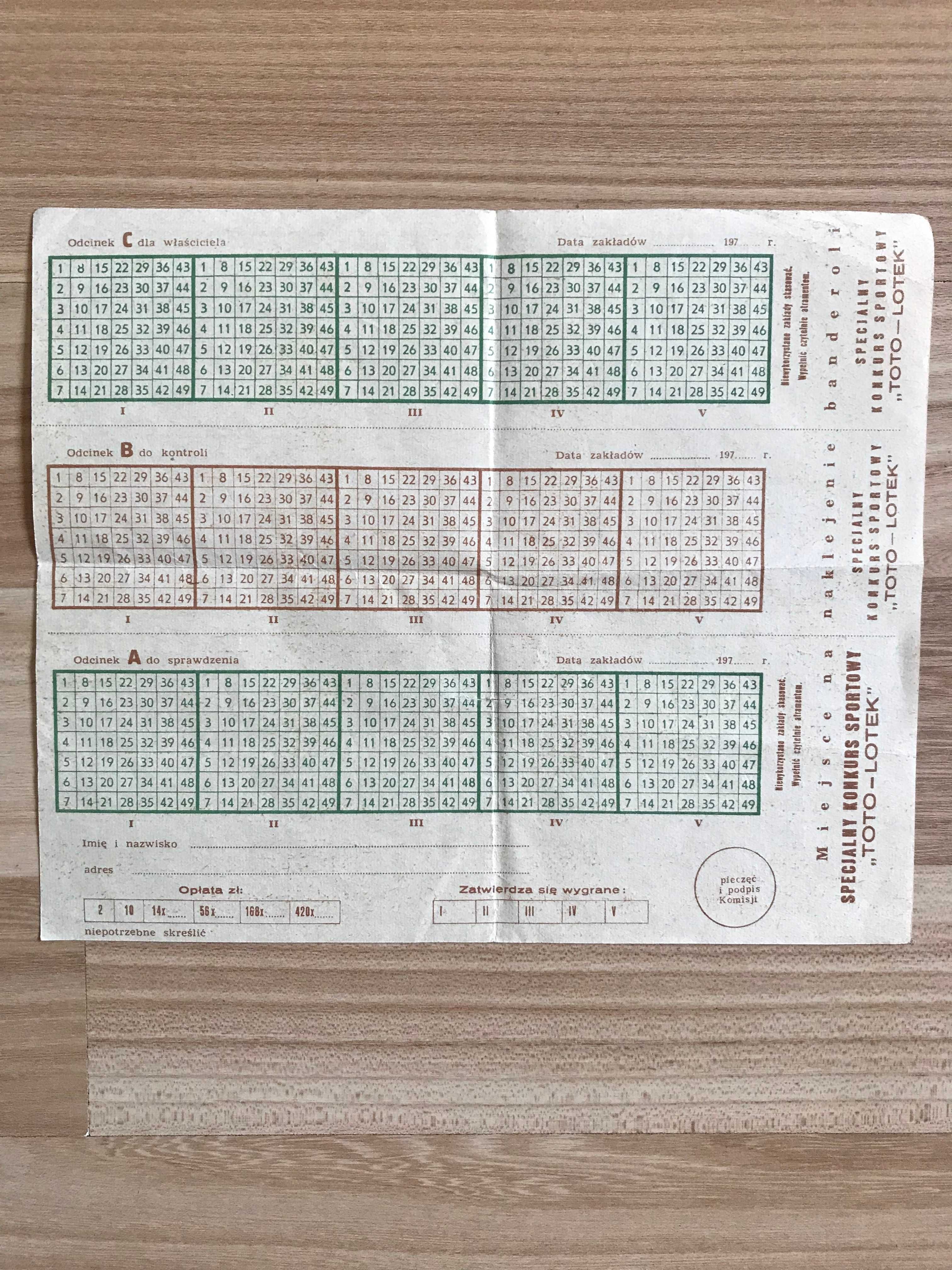 Kupon Lotto PRL 1970 r. Blankiet TOTOLOTEK czysty