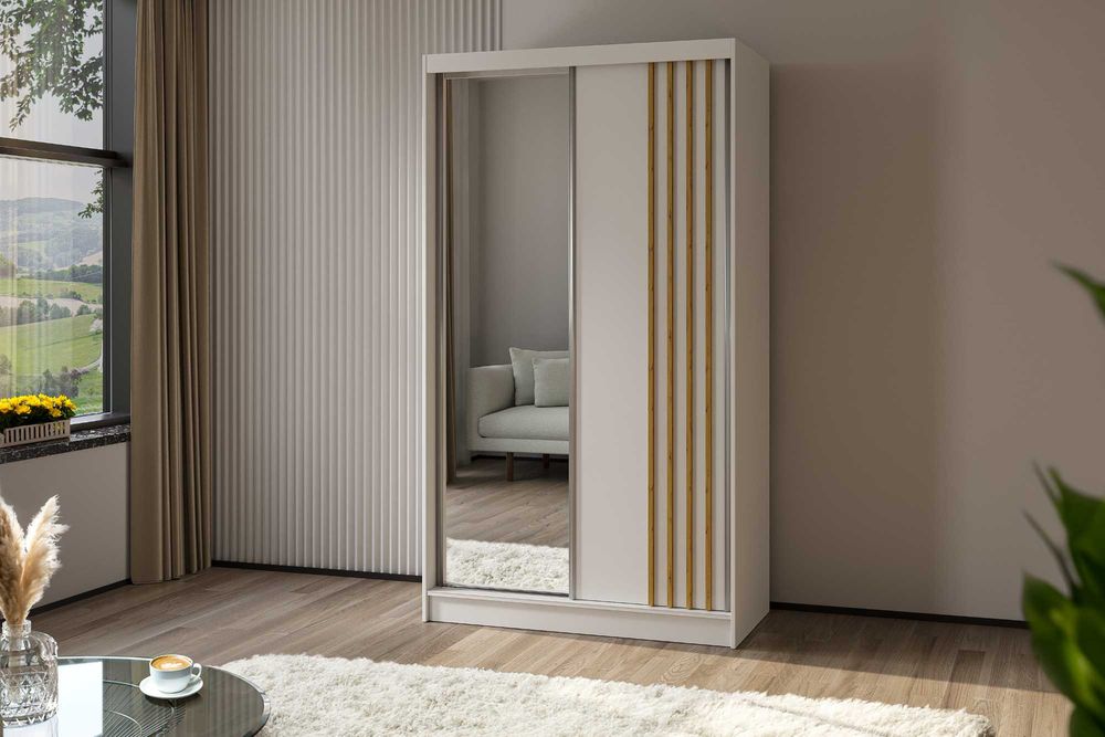 Szafa 120 cm z drzwiami przesuwnymi i lustrem . MODNE LAMELE.