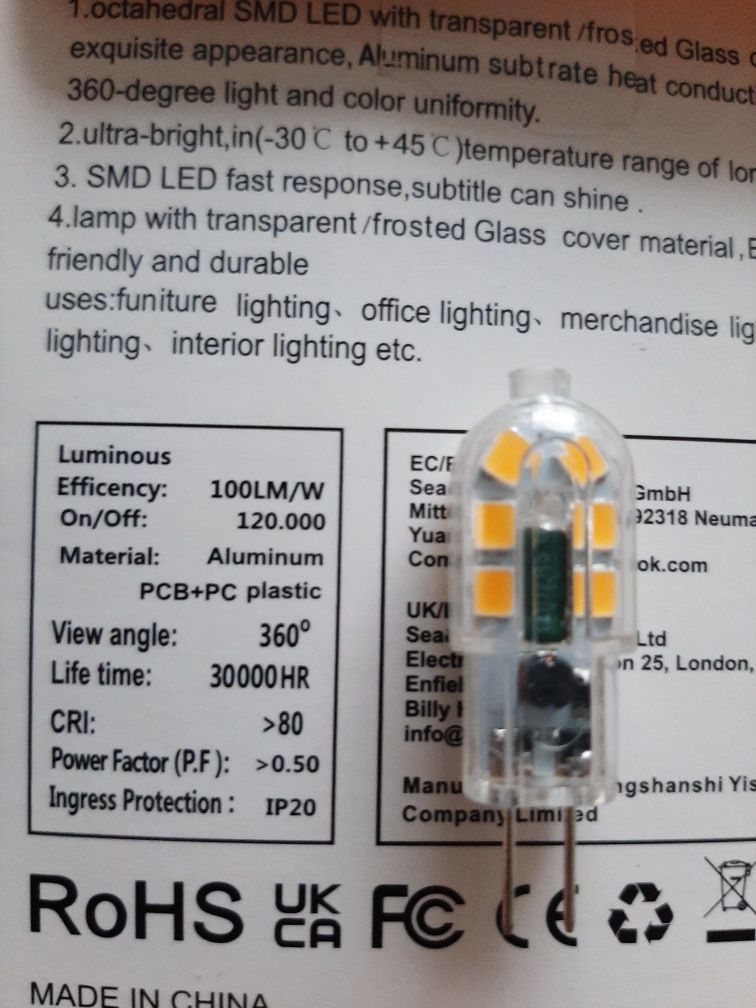 Żarówka LED G4 12 V 3000K 2W 10szt