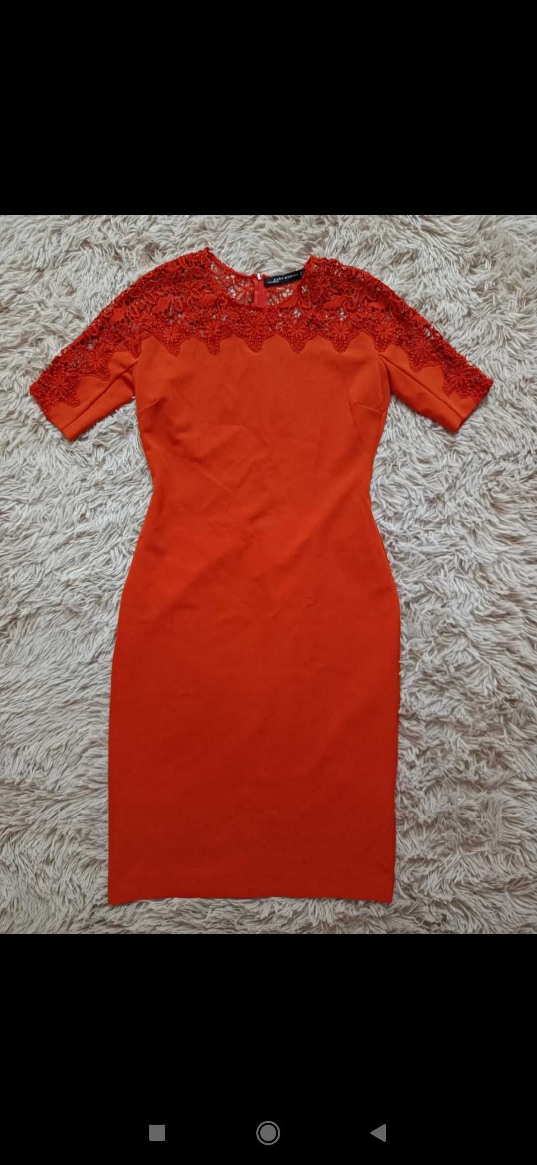 Sukienka Zara m 38 MIDI koralowa czerwona z koronką koronkowa