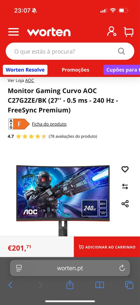 Monitor Gaming Curvo AOC C27G2ZE/BK (27polegadas, 0.5ms, 240hz)