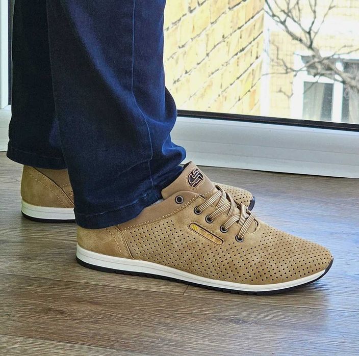 Мужские мокасины летние бежевые туфли сеточка коричневые светлые