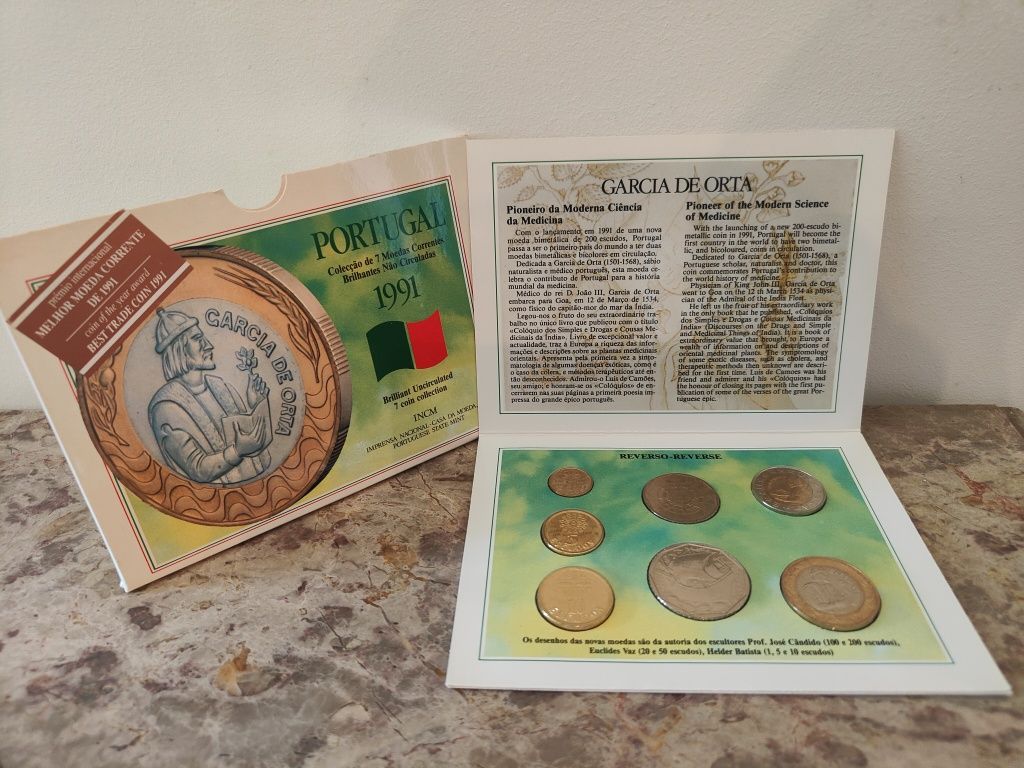 Coleção de sete moedas correntes brilhantes não circuladas 1991
