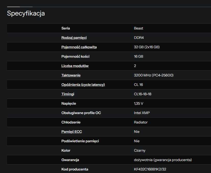 Pamięć RAM Kingston Fury Beast 32GB (2x 16GB DDR4)  *BDB* STAN!