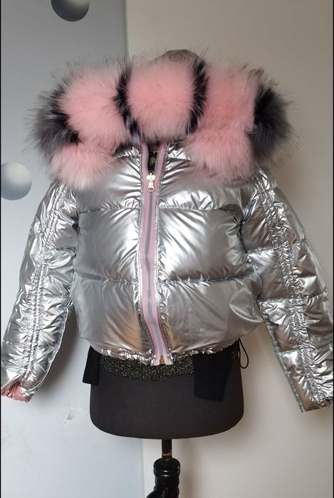 Kurtka dwustronna lakierowanea młodzieżowa srebrna różowa z kapturem