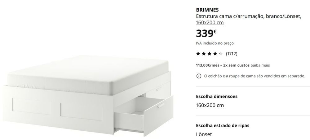Cama BRIMNES Ikea - estrutura cama com arrumaçao 4 gavetas, preta, 160