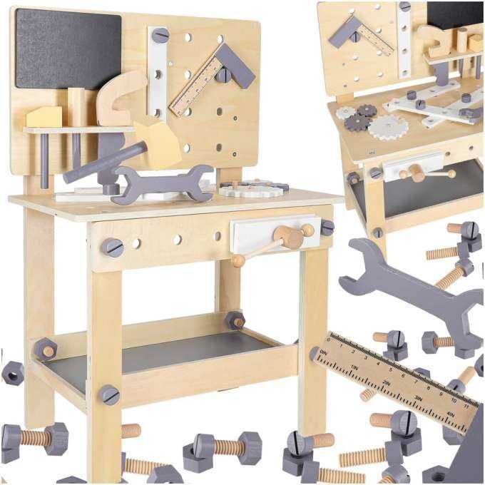 Warsztat z narzędziami drewniany na stoliku zestaw majsterkowicza