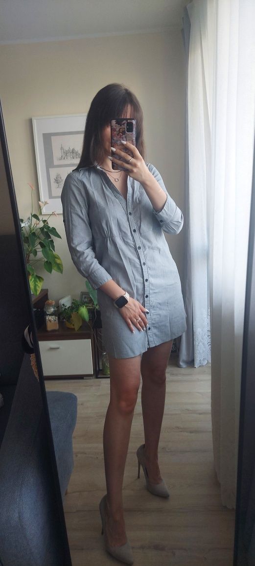 Szara koszulowa szmizjerka mini w paski z rękawem 3/4 Tally Weijl XS