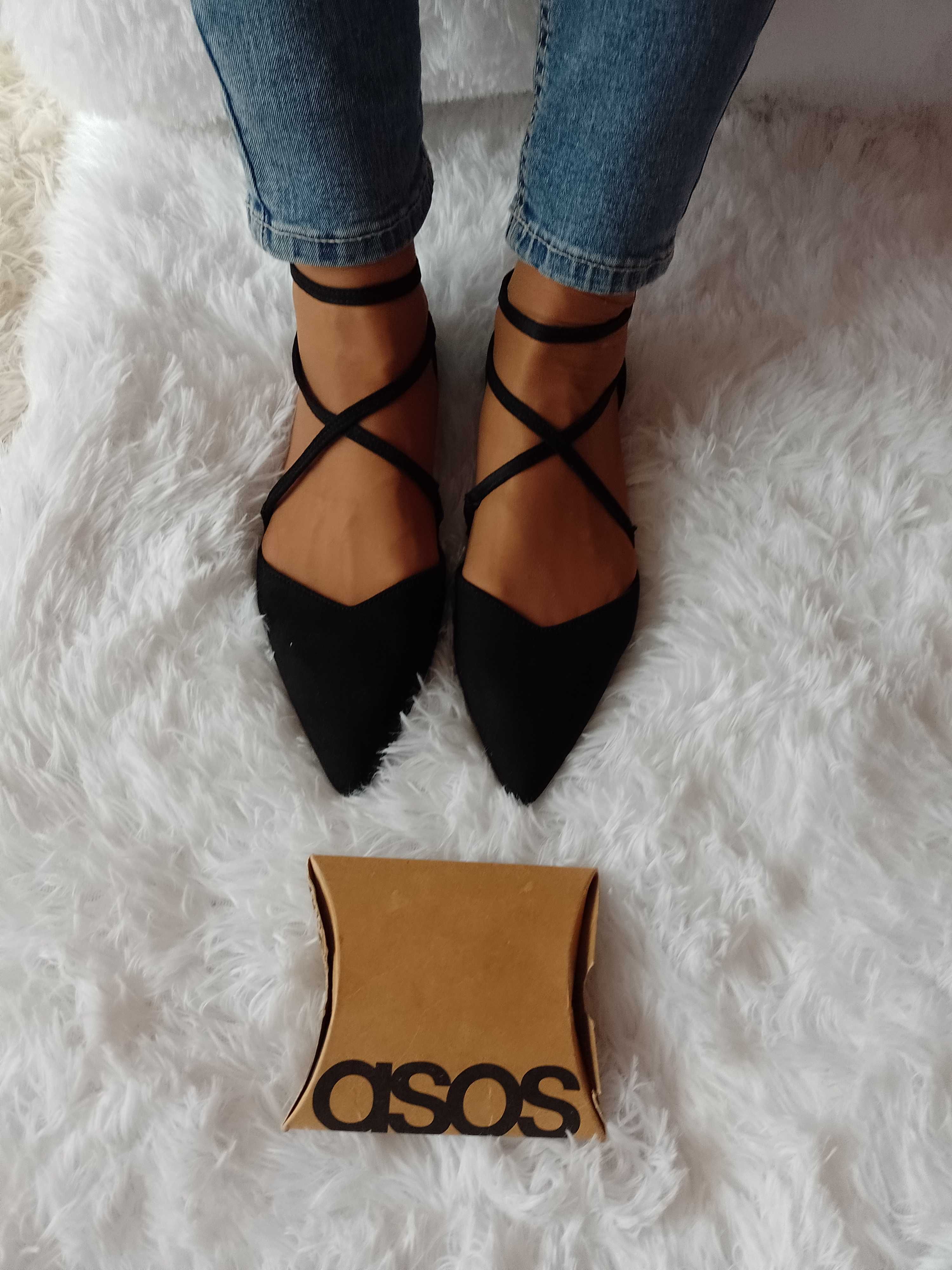 (40) ASOS) czarne, zmysłowe baleriny z zapięciem z Londynu, NOWE