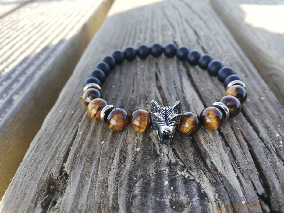 Pulseiras Masculinas Lobo com Pedras Naturais