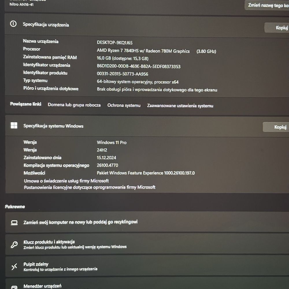 Laptop gamingowy ACER NITRO 16 RTX 4060 Ryzen 7 16GB RAM DDR5