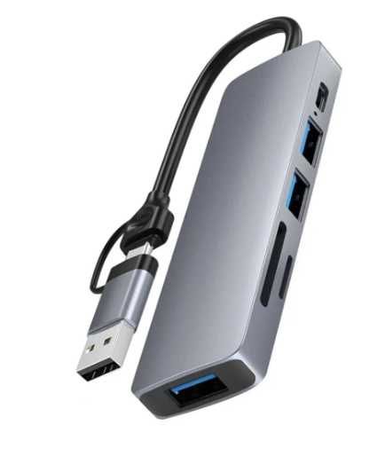 Adaptador USB-C e USB com leitor cartão TF/SD + 3 portas USB e 1 USB-C