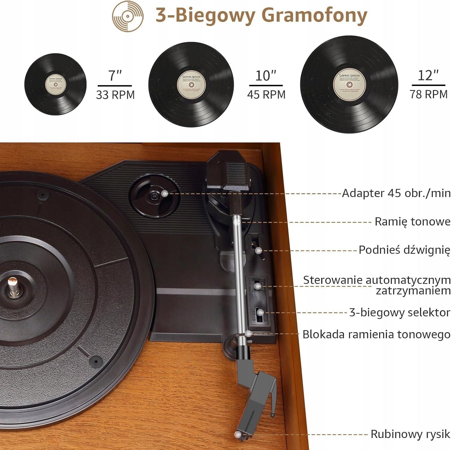 3-biegowy bezprzewodowy gramofon winylowy Bluetooth