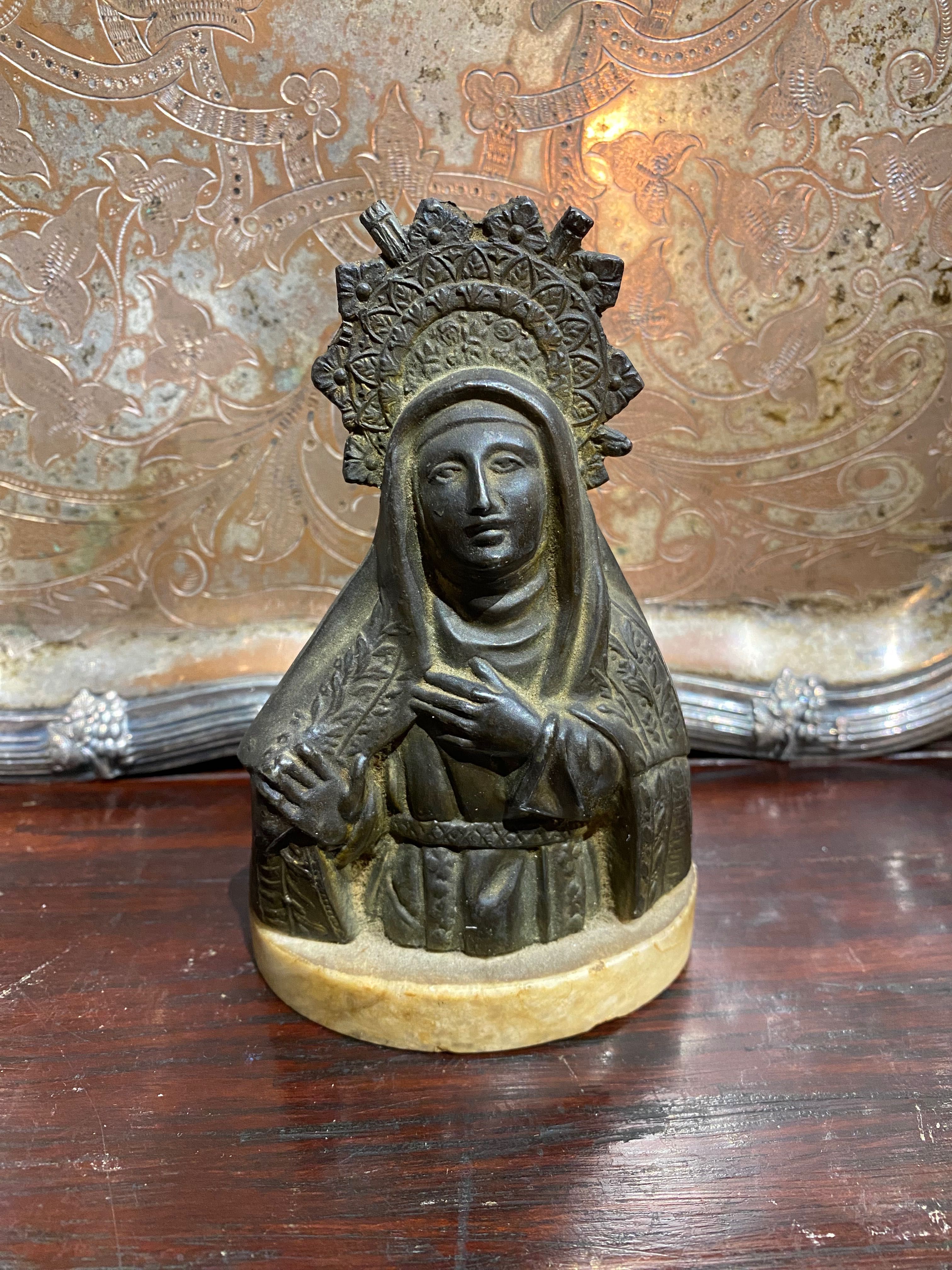 Escultura Nossa Senhora Santa Séc XIX Bronze Itália 13 cm