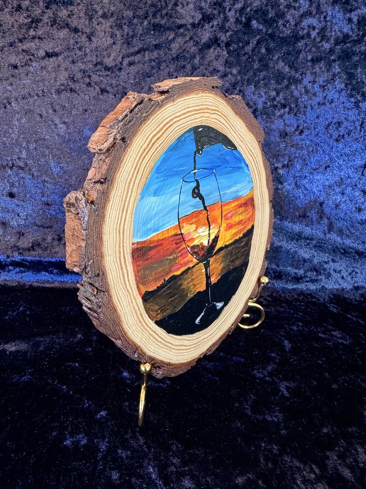 Copo de Vinho ao Pôr do Sol – Arte em Madeira Pintada à Mão