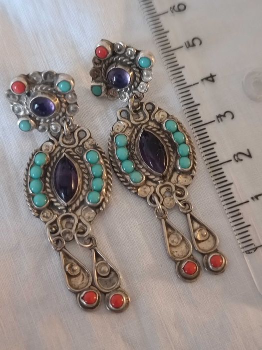 Серьги шикарные. Натуральные аметисты,бирюза ,кораллы. Антик.Мексика