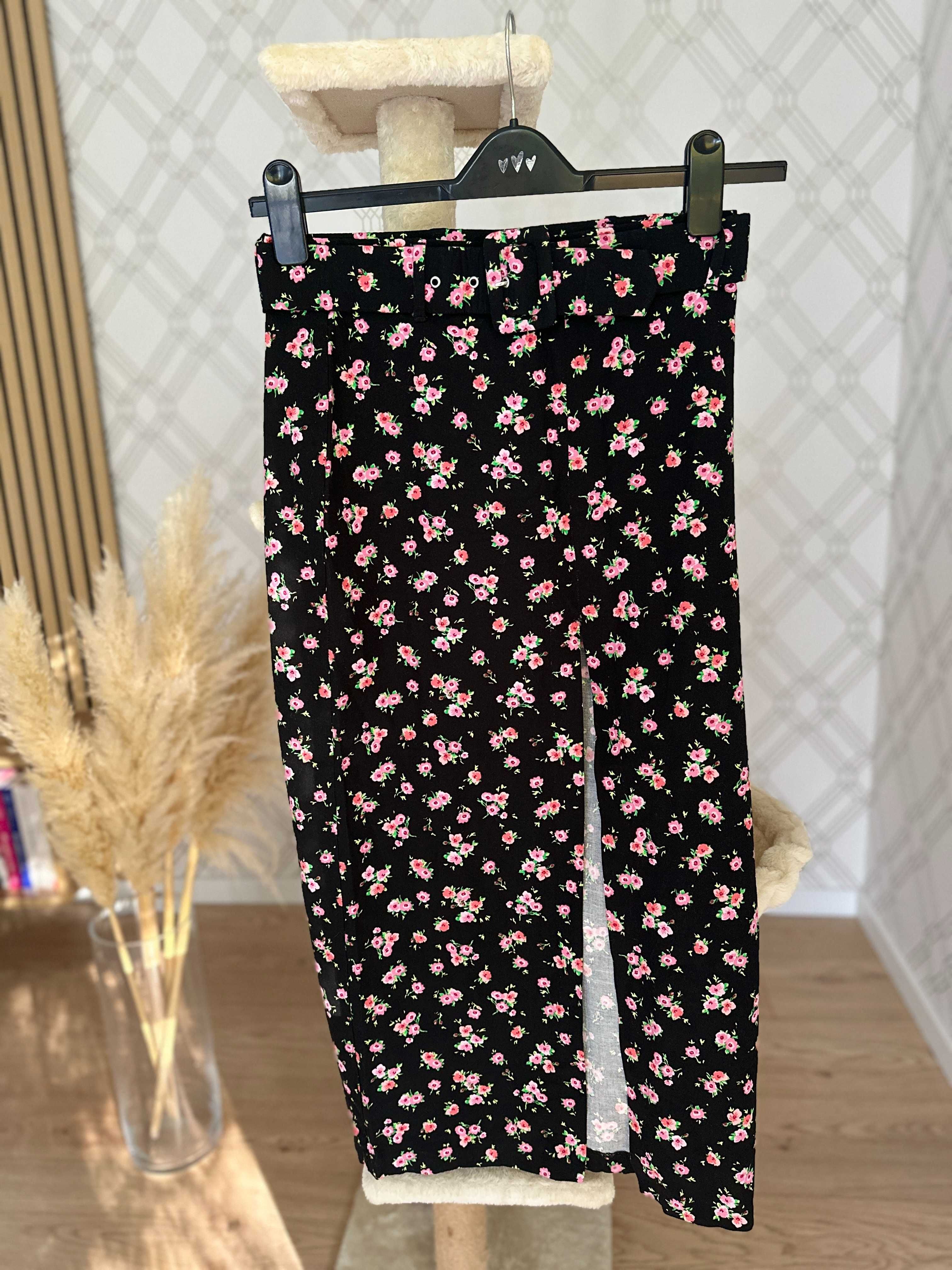Czarny set komplet w kwiatki spódnica midi crop top gorset Zara