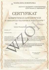 Certyfikat kompetencji zawodowych - transport rzeczy, 250 netto