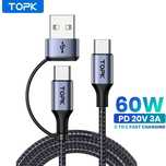 Kabel TOPK 2m 60W PD USB-C do USB-C Przejściówka USB Szybkie Ładowanie