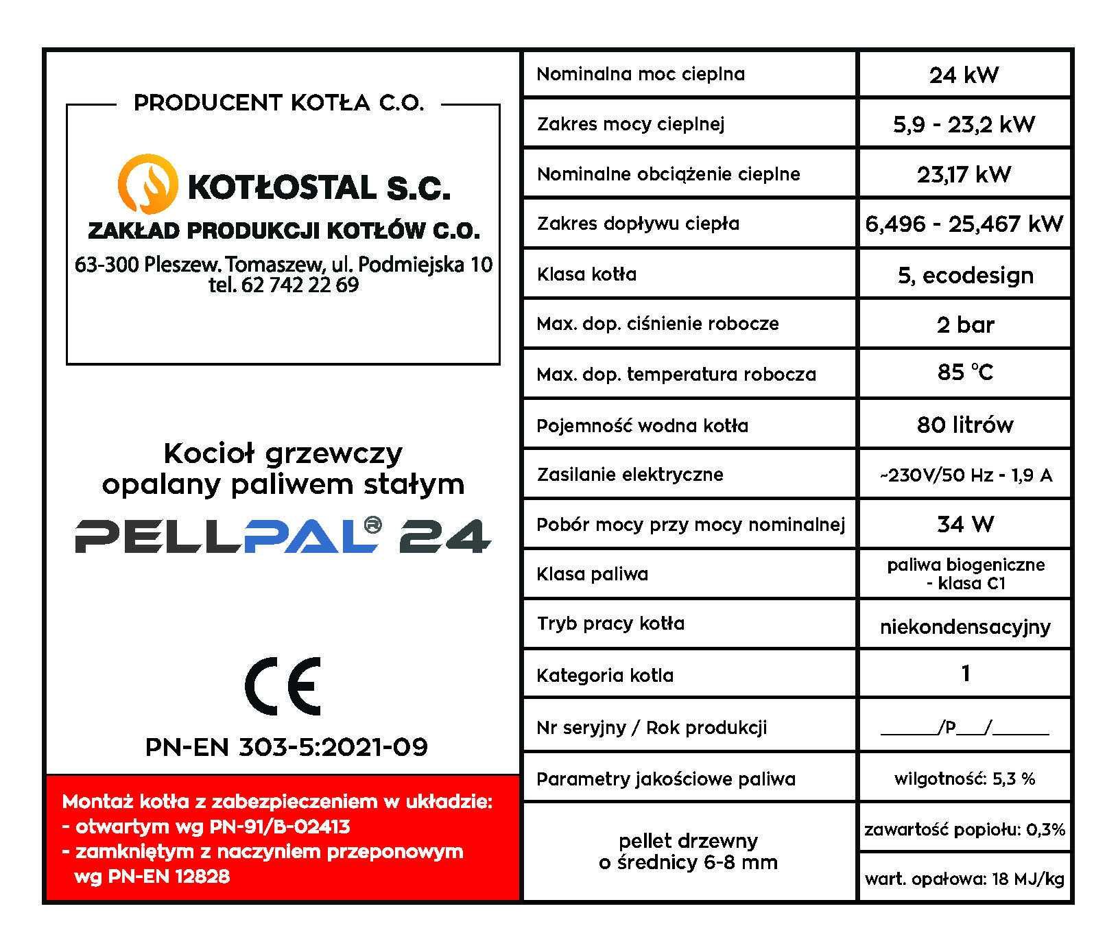 Kocioł PELLPAL na pellet o mocy 24 kW - 5 Klasa - sterownik LCD