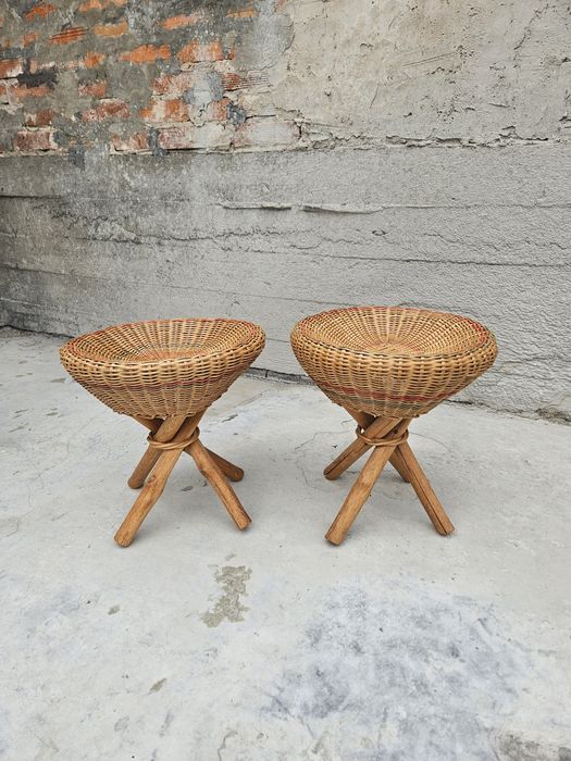 Zestaw Stołek taboret rattanowy boho vintage mid century modern