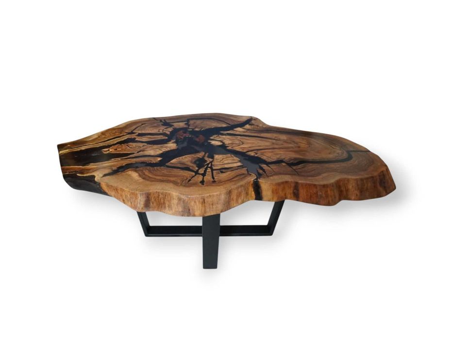 Stolik kawowy z plastra orzecha i czarnej żywicy | DUŻY 110 x 73 cm