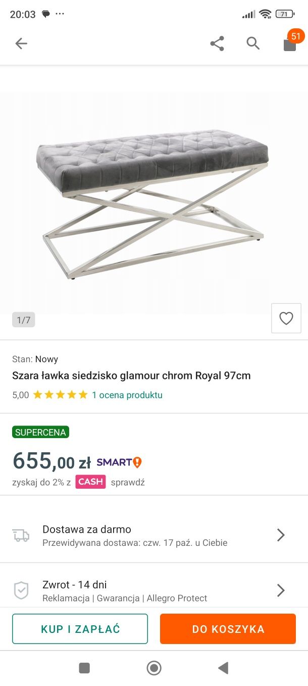 Siedzisko ławka Glamour chrom pikowane welur