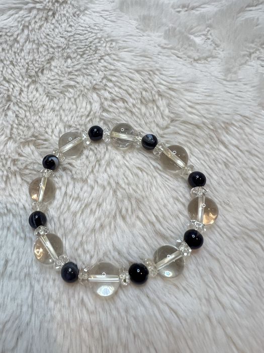 Bransoletka szklane koraliki korale agat czarny pasiasty kamienie 14