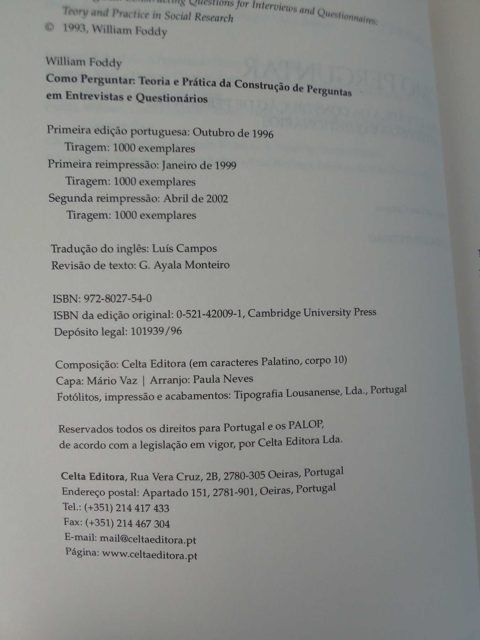 Livro "Como perguntar", de William Foddy, 2ª reimpressão, 2002