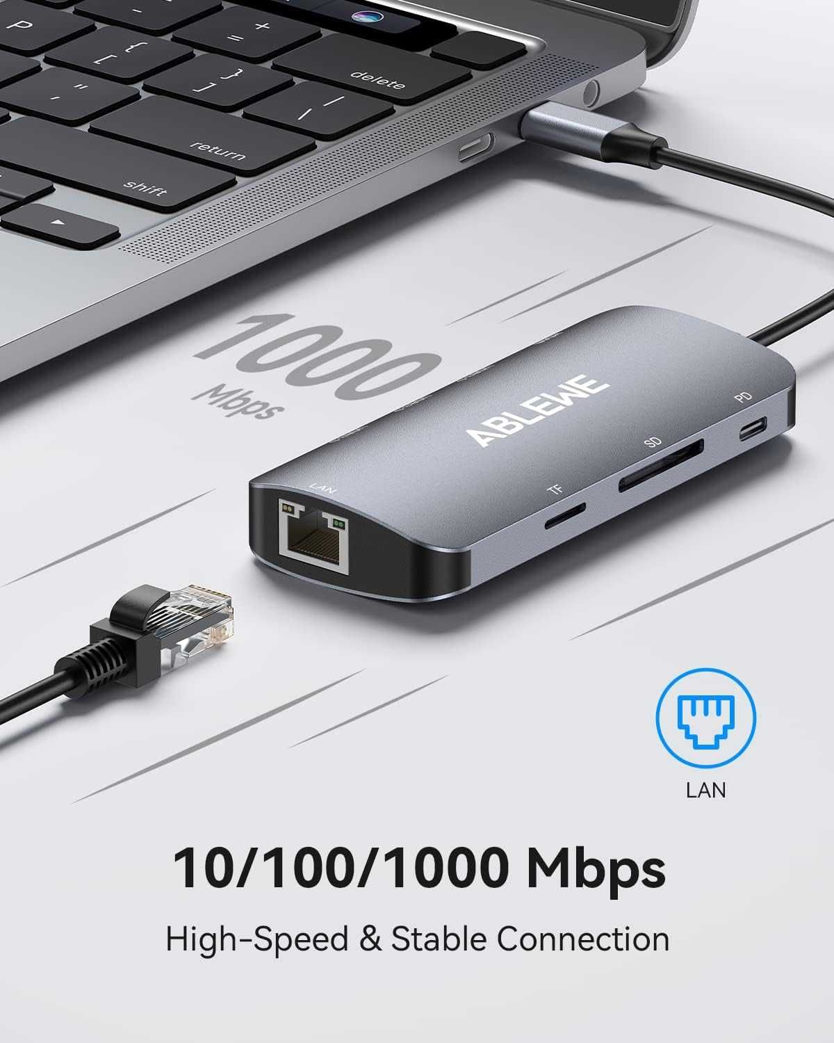 Hub USB C, 8 w 1 adapter wieloportowy USB C na HDMI z 1000 m Ethernet