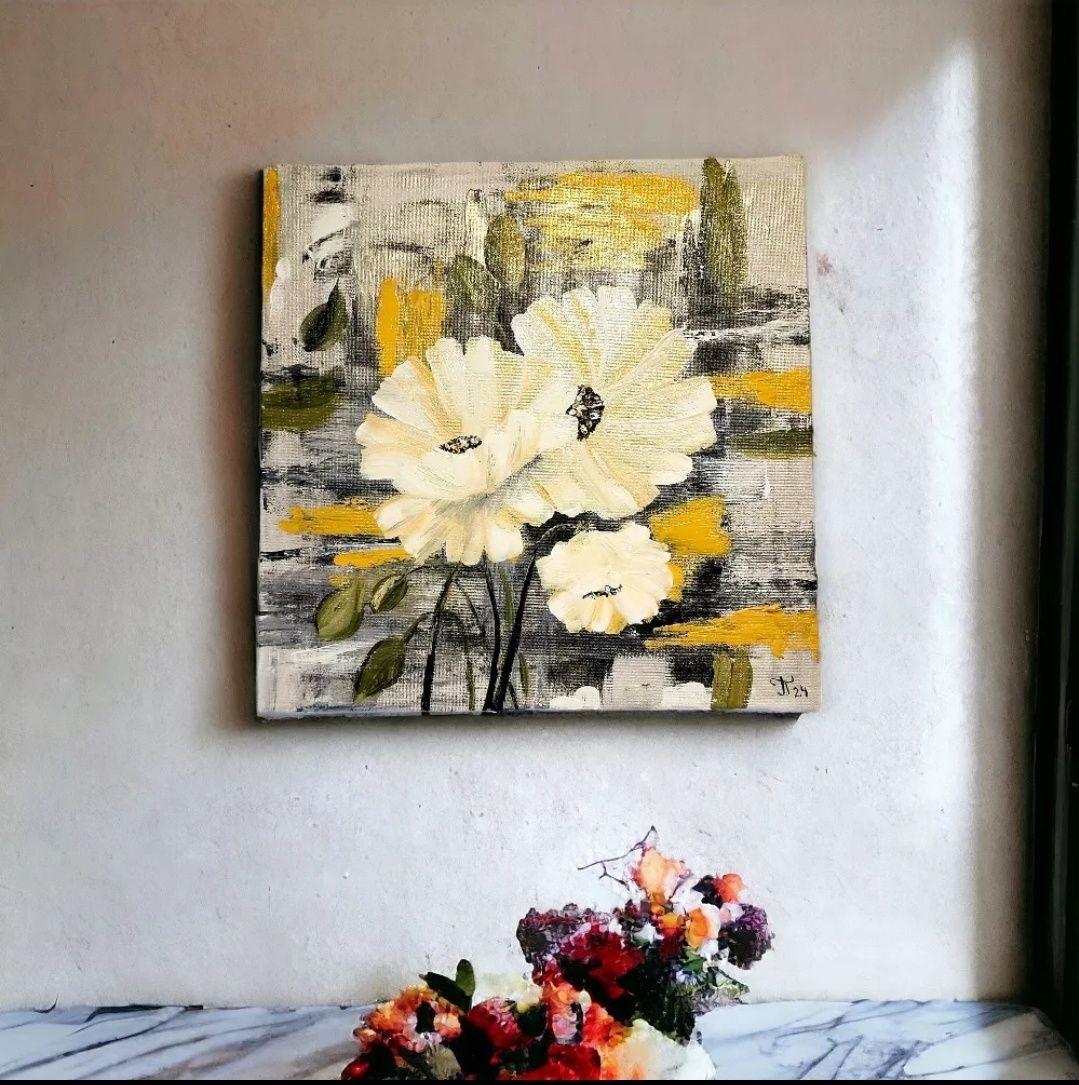 Quadro Pintura Á Mão sobre Tela Canva Flores Brancas 30x30 cm