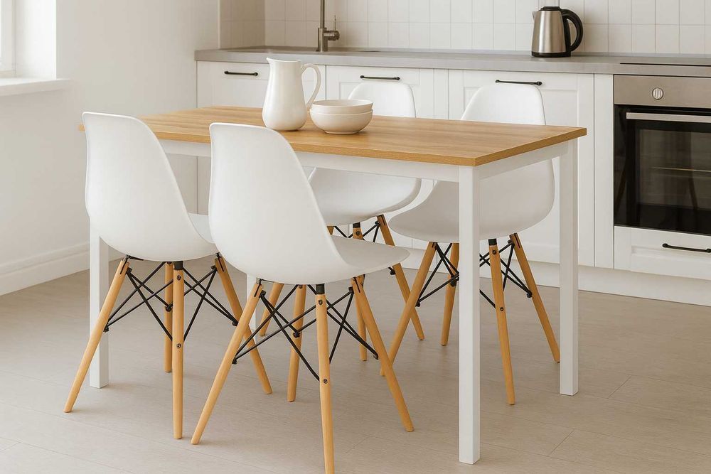 NOWY Stół z Krzesłami Biały Loft do Kuchni Salonu Jadalni Drewniany