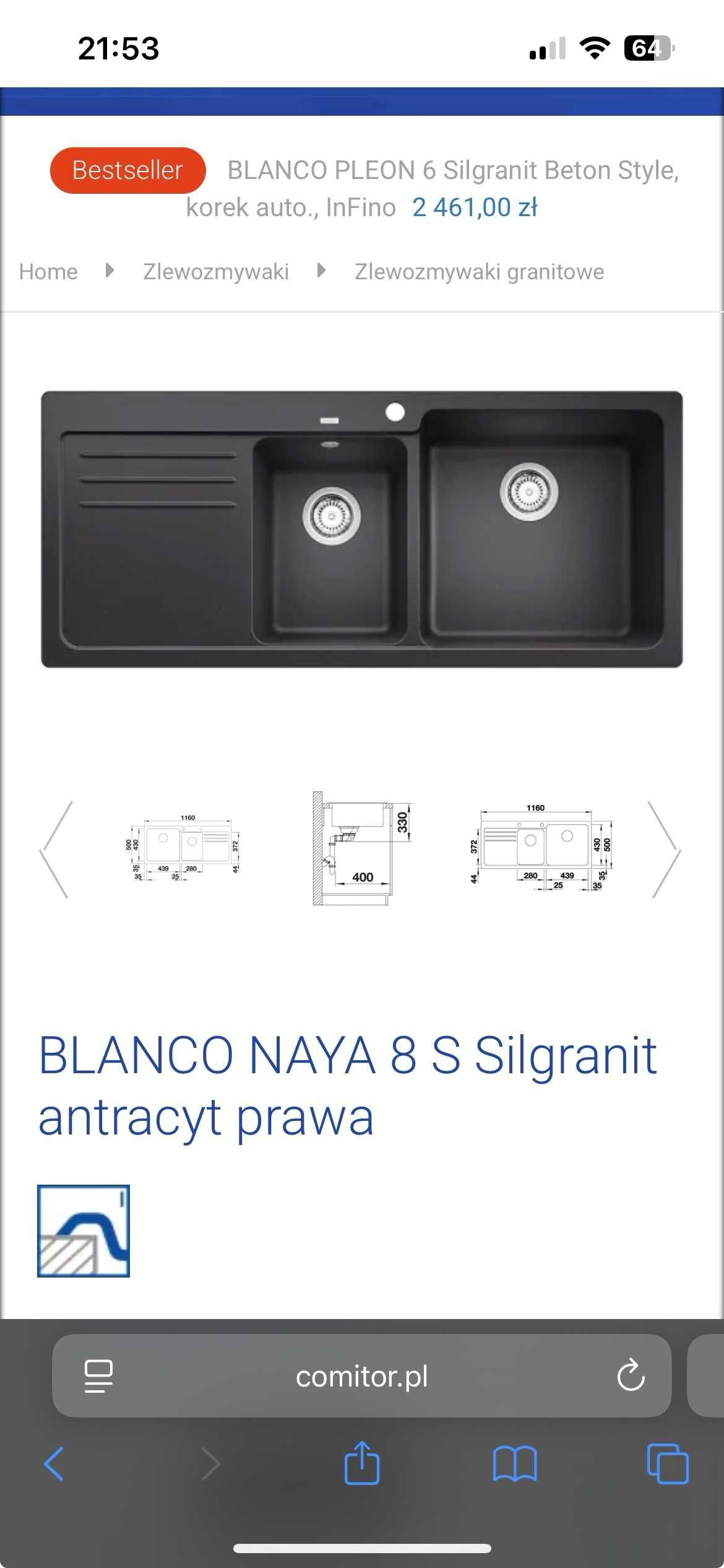 Zlewozmywak dwukomorowy z ociekaczem NAYA 8S BLANCO