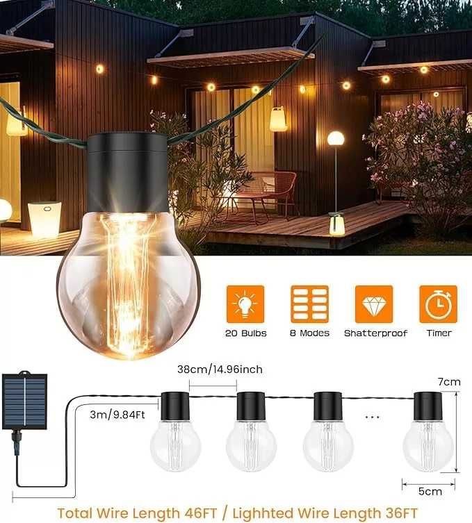 Girlanda 30 kul długosci 14m zasilanie solarne i usb C ogrodowe super