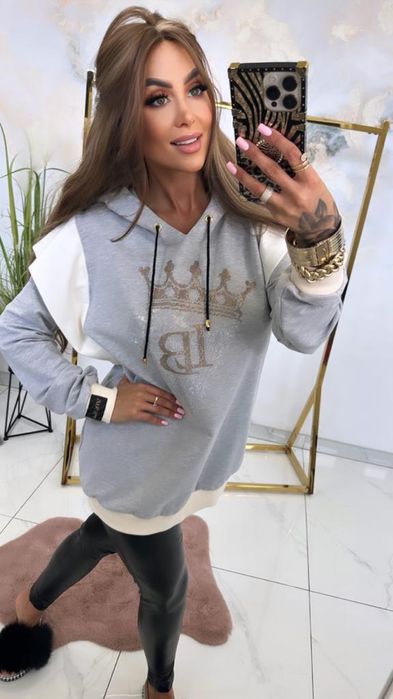 Elegancka bluza tunika z kapturem cyrkonie Lola bianka