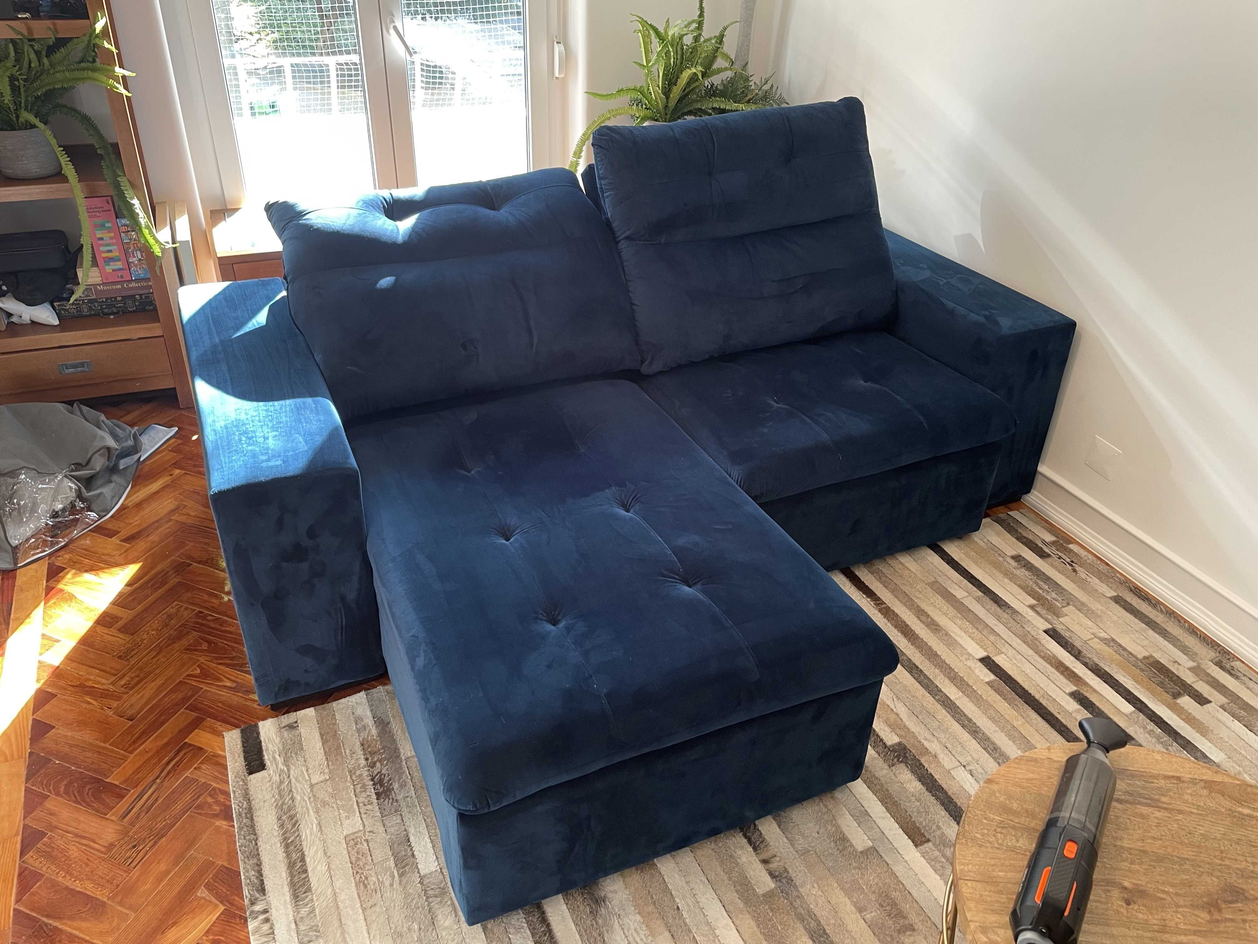 Sofá Azul Veludo - Retráctil e reclinável