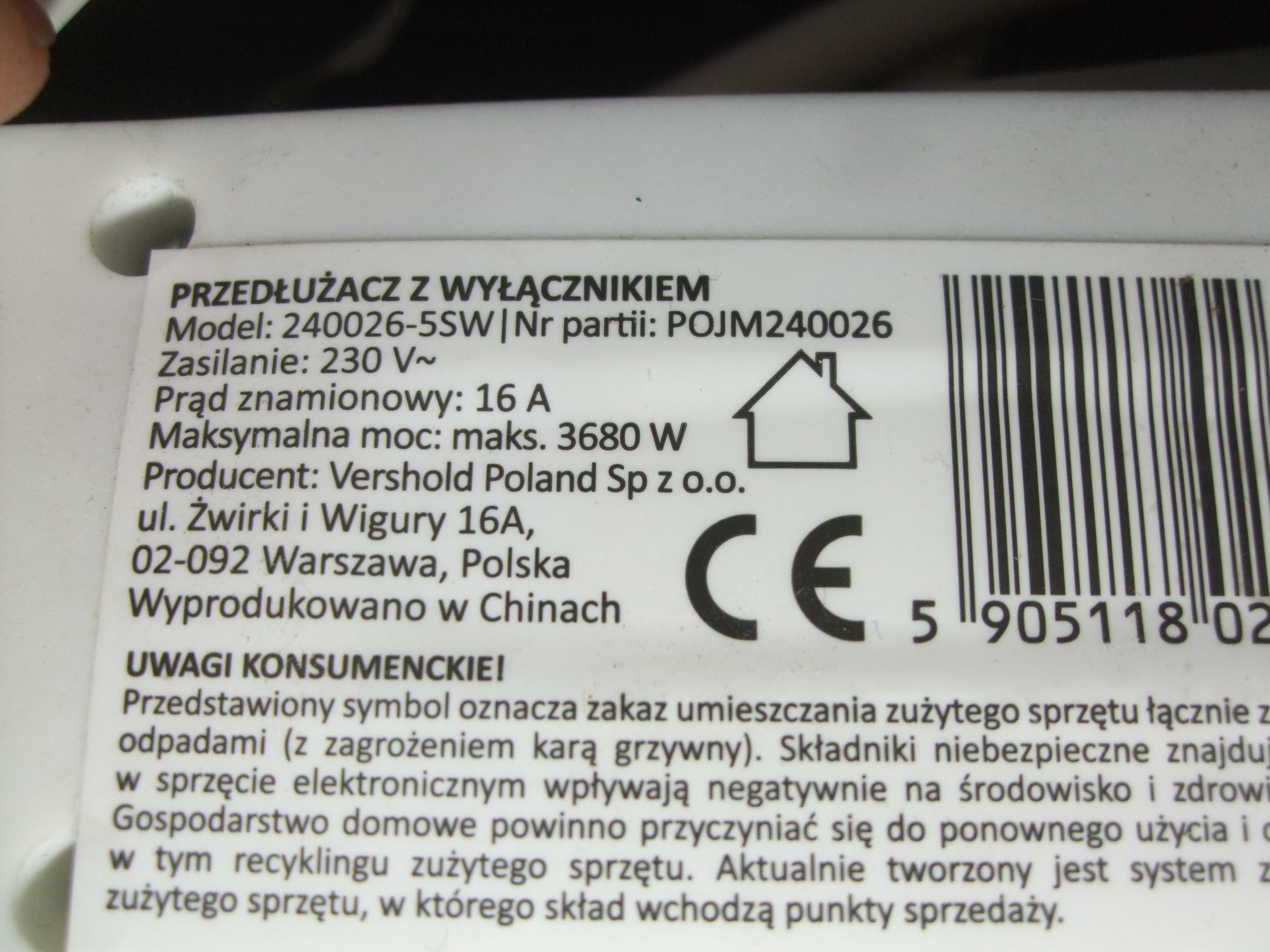PRZEDŁUŻACZ LISTWA ZASILAJĄCA 5 Gniazd 240V 16A Wyłącznik 1,5m Biały