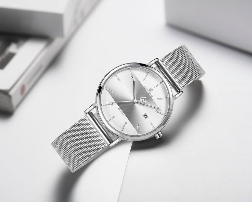 Elegancki Srebrny Zegarek Naviforce Męski Damski Bransoleta Pudełko
