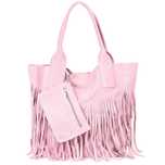 VERA PELLE torebka zamszowa shopper boho z frędzlami V007 c.różowa