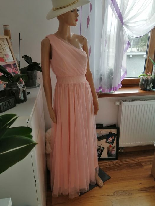 Długa morekowa koralowa sukienka maxi na jedno ramię 36 S Boohoo
