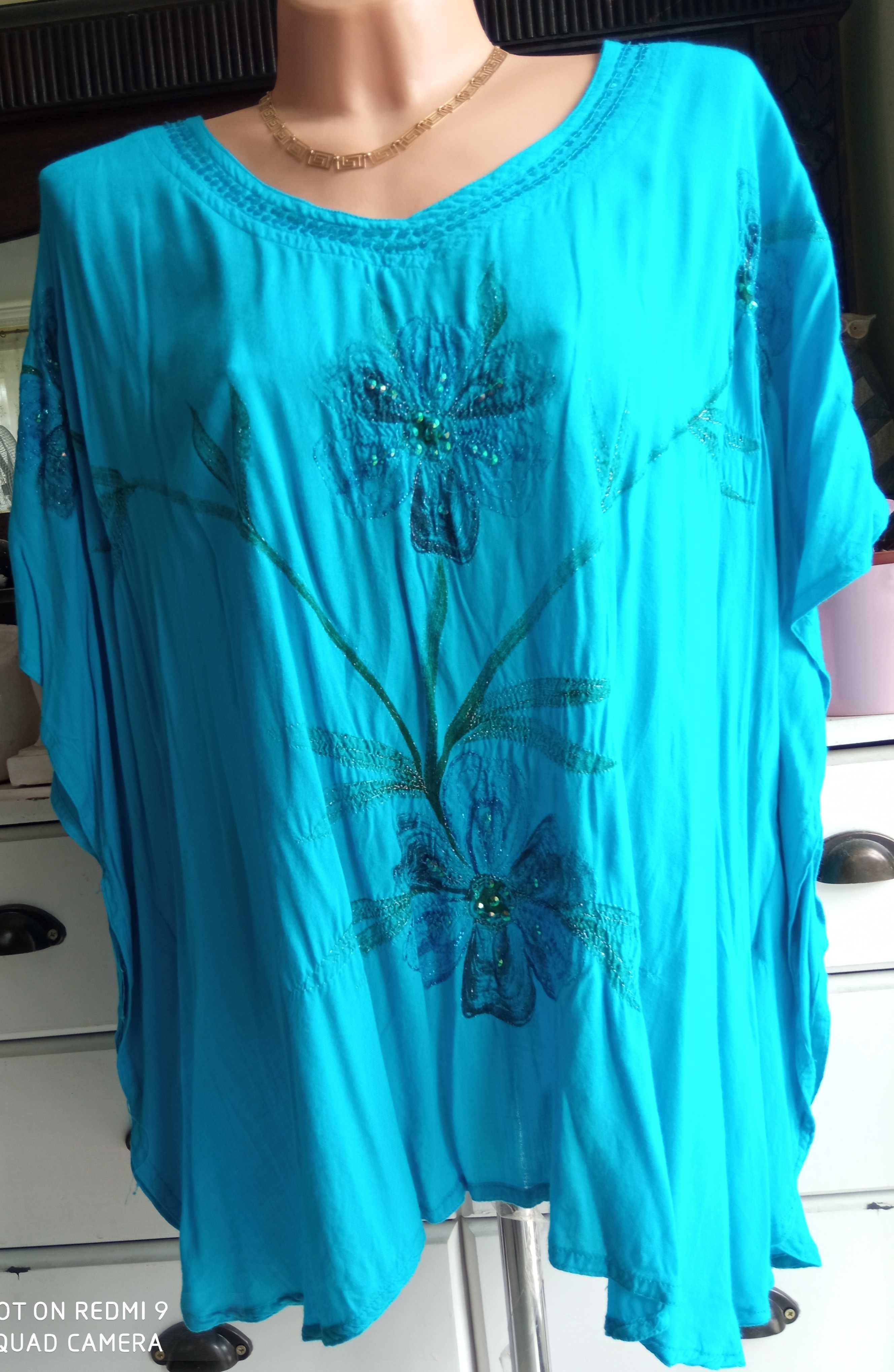 RIMA bluzka nietoperz turkus wiskoza ręcznie malowana 142cm pachy 54