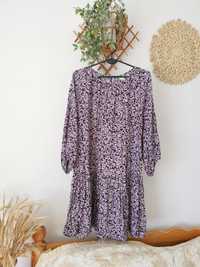Babydoll luźna fioletowa sukienka w kwiaty oversize H&M, L, XL