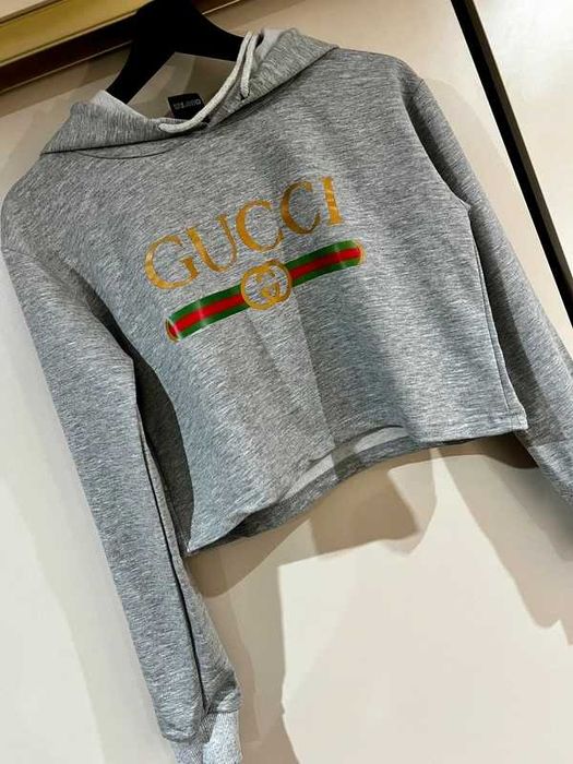 Szara krótka bluza z kapturem GUCCI logo