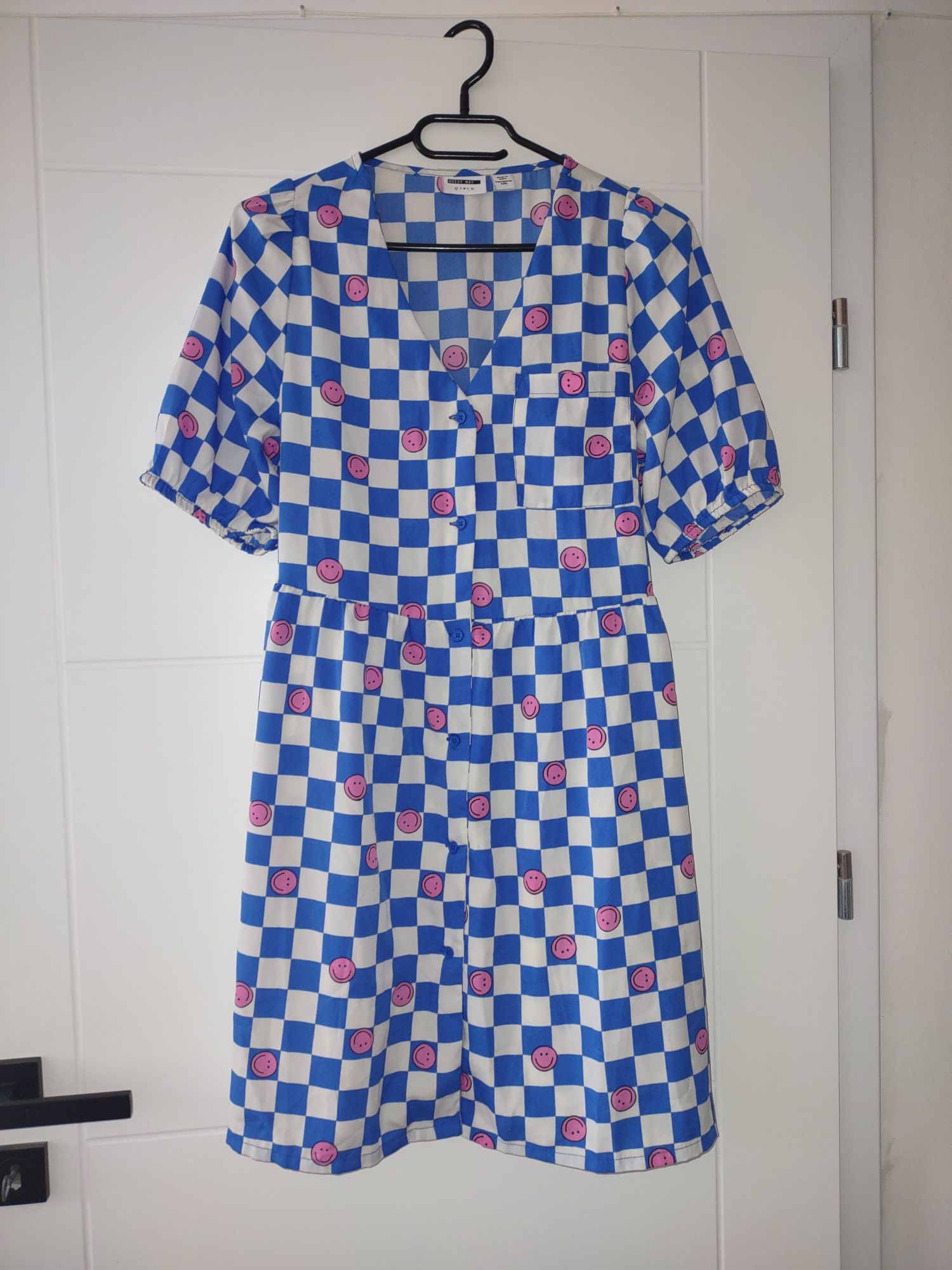Sukienka vintage w szachownicę zapinana na suwaki oversize r.XS/S
