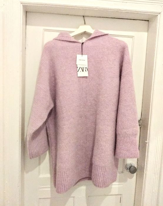 Liliowy sweter sukienka oversize wełniana liliowa wełna alpaka ZARA