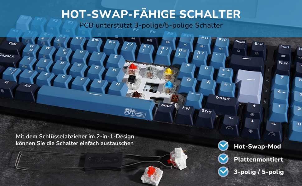 ROYAL KLUDGE RK98 klawiatura mechaniczna, bezprzewodowa układ QWERTZ