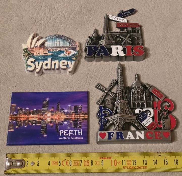 Zestaw 4szt. Magnesy na lodówkę Australia Francja Perth Sydney Paryż.