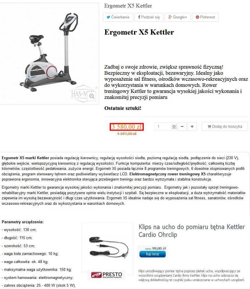 ROWER elektromagnetyczny KETTLER X5 + pas EKG + wbudowane TRASY !
