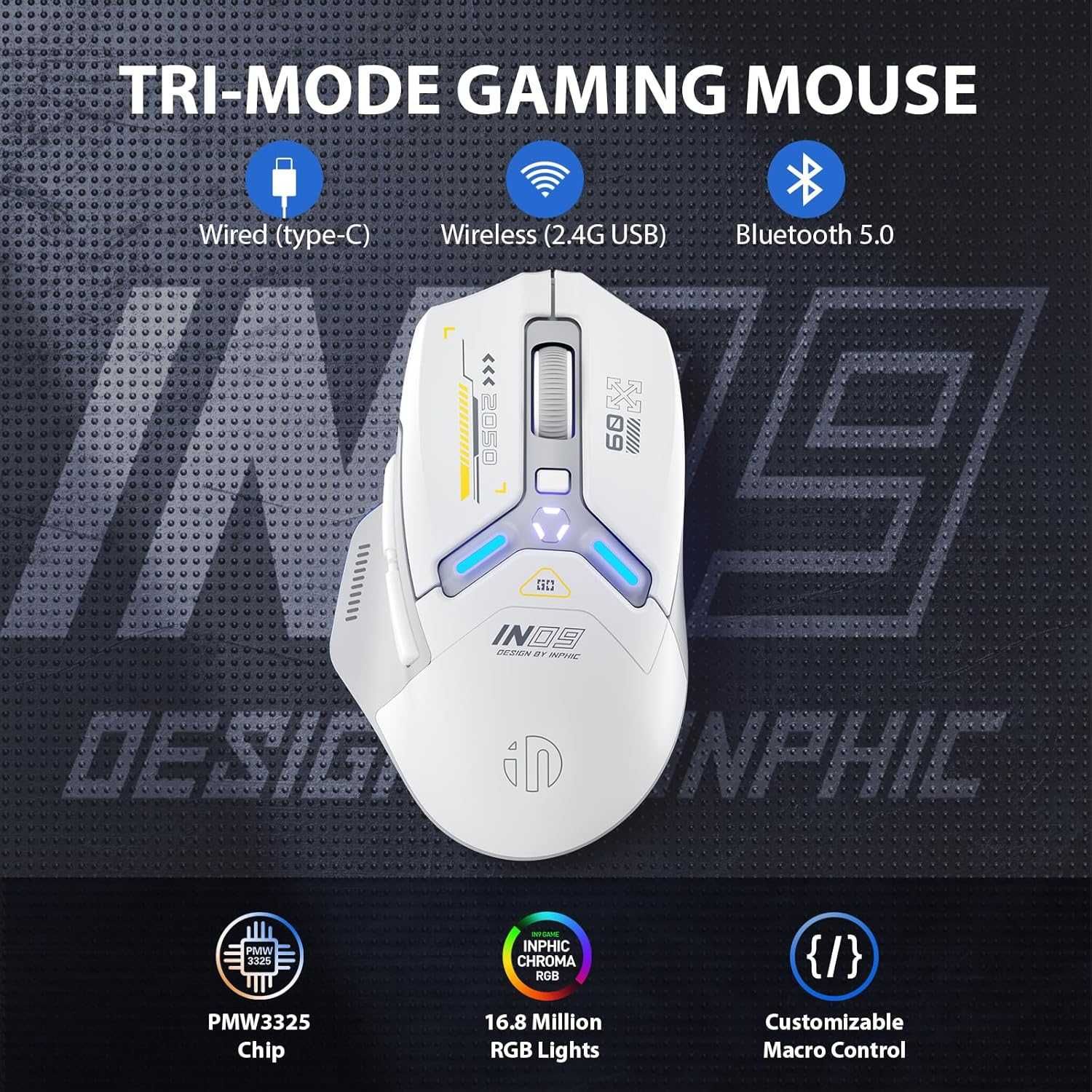 INPHIC IN9 Bezprzewodowa mysz do gier, True Tri-Mode Bluetooth/2,4 G